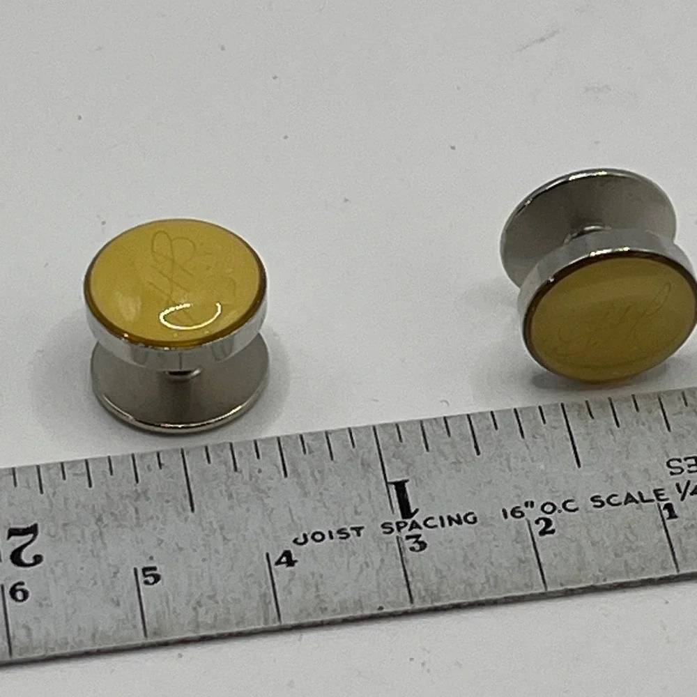 Mens Silver Tone Cufflinks Yellow Enamel Engraved Formal Dress‎